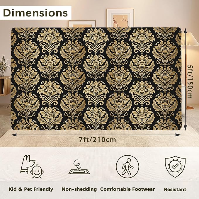 Black Damask Flower Golden Carpet for Living Room, 5x7 Non-Slip Washable Low Pile Abstract Design Rug, Space Saving Area Rug for Bedroom, Dining Room