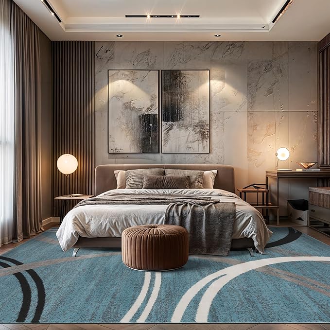 Rugshop Modern Wavy Circles Design Area Rug, Non-Shedding Carpet for Living Room, Bedroom, or Dining Room, Blue, 7'10" x 10'2"