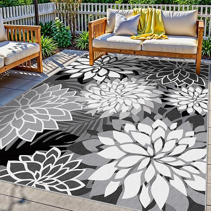6x9 Outdoor Area Rug Washable Multicolored Patio Rug Tropical Botanical Floral Chenille Waterproof Outdoor Carpet Non-Slip for Patio, Deck, Backyard, Porch, Black