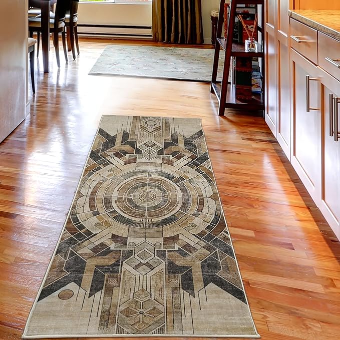 Ambesonne Abstract Boho Decorative Rug, Earthy American Native Motif with Rounds and Lines Folkloric Grungy, Quality Carpet Bedroom Dorm and Living Room, 2' 5" x 7' 5", Pale Camel Chocolate