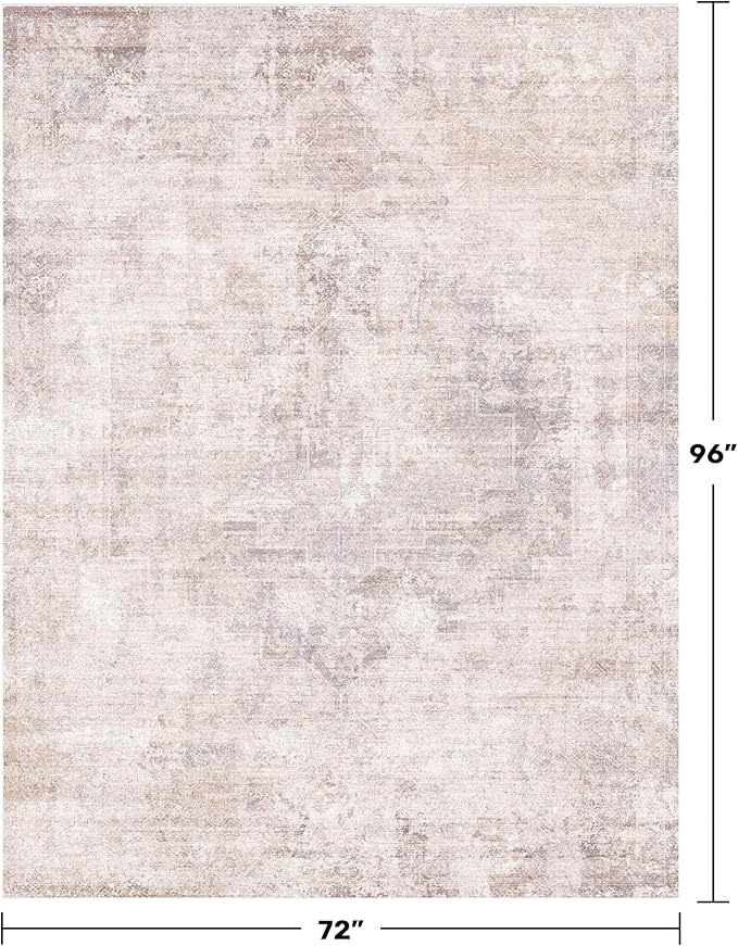 Pink and Grey 6x8 Living Room Rug, Morden Washable Area Rug for Bedroom, Non Slip Carpet for Dinning Room Under Table, Medallion Distressed Print Pattern