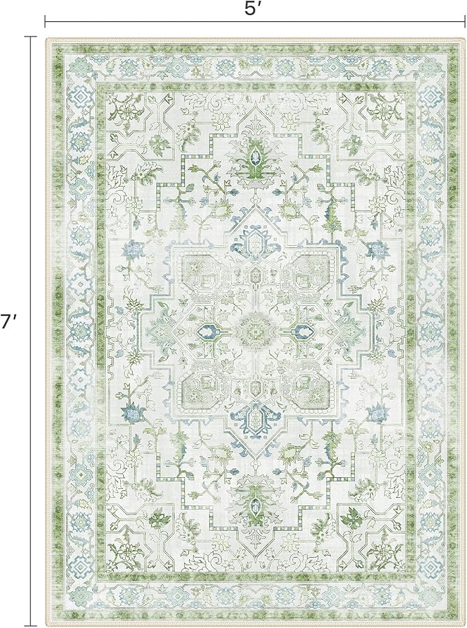 5x7 Area Rugs for Living Room, Machine Washable Rug, Non Slip Vintage Rugs, Low Pile Lightweight Print Rug for Bedroom, Dining Room, Home Office, Cream Green