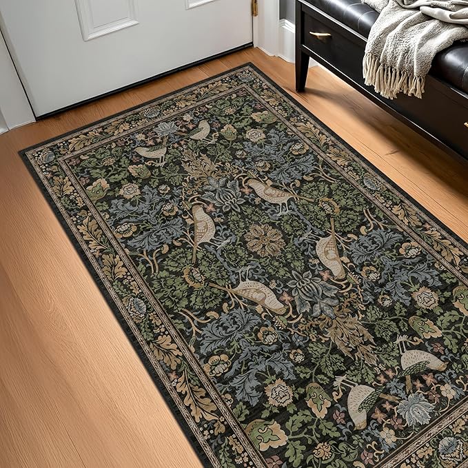 Large Entryway Rugs Indoor - 3x5 Washable Rugs for Kitchen Bedroom Beside Bed Door Mat Indoor Entrance with Moody Woodland Flowers, Non Slip Stain Resistant Low Pile