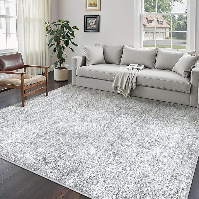9x12 Area Rug Washable Vintage Living Room Carpet Large Indoor Non Slip Grey Bedroom Distressed Low Pile Retro Accent Throw Rug for Dining Room