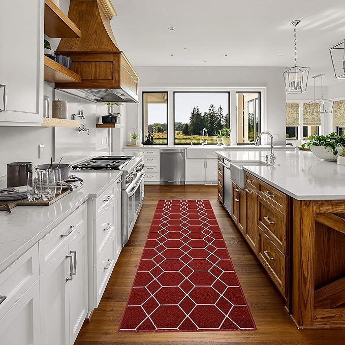 Custom Made Runner Rug for Kitchen Foyer Hallway Entry Choose Your Length Size 26 Inch Wide Geometric Lattice Design Red Color (3 feet x 26 inch)
