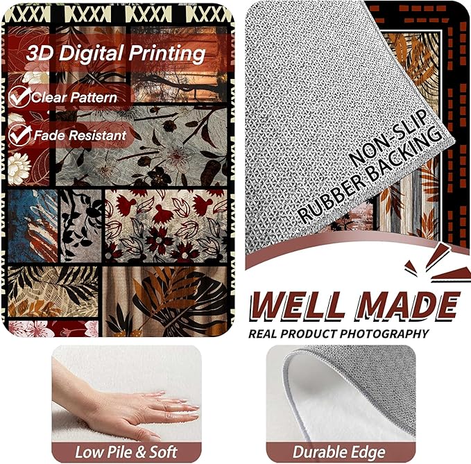 Rustic Cabin Area Rug 4x6ft, Animal & Moroccan Plaid Pattern Vintage Boho Carpet, Stain-Resistant Pet-Friendly & Non-Slip Low Pile for Living Room, Bedroom, Dining Room