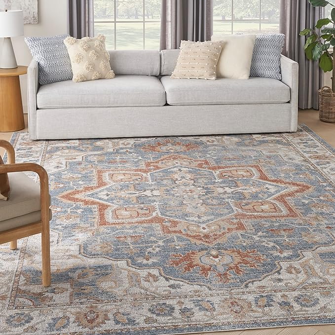 Nourison Home Astra Machine Washable Traditional Denim Multi 7'10" x 10' Area Rug, Easy Clean, Non Shedding, Bed Room, Living Room, Dining Room, Kitchen (8x10)