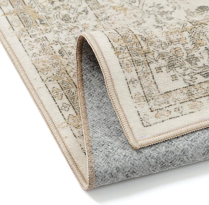 Entryway Area Rug 2x3 Beige Vintage Distressed Indoor Carpet Oriental Soft Thin Small Door Mat Non Slip Low Pile Throw Rug for Entrance Bathroom Bedroom Kitchen Laundry