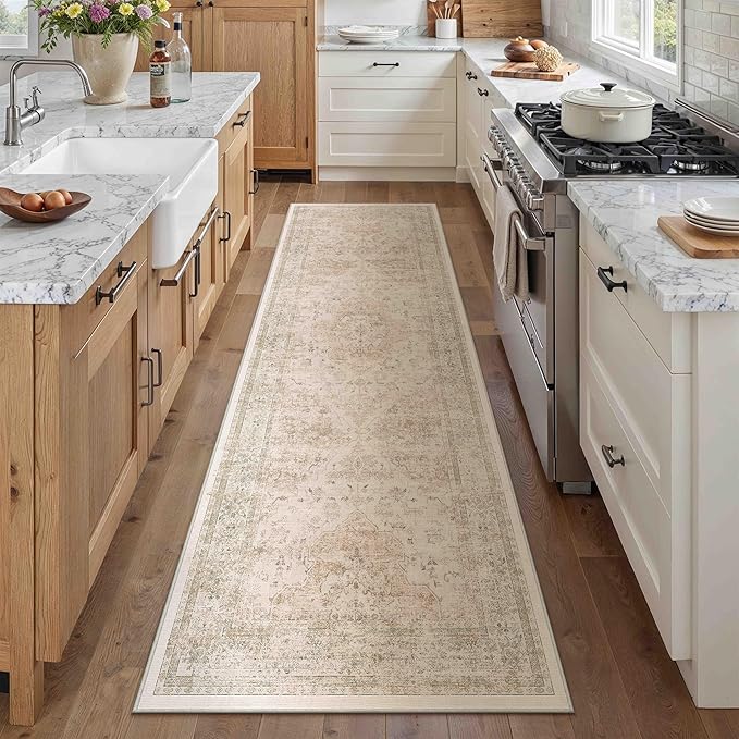 Hallway Runner Rug 2x8 Washable Beige Vintage Distressed Long Runner Oriental Soft Thin Indoor Carpet Non Slip Low Pile Throw Rug for Kitchen Bedroom Laundry Bedside Entryway