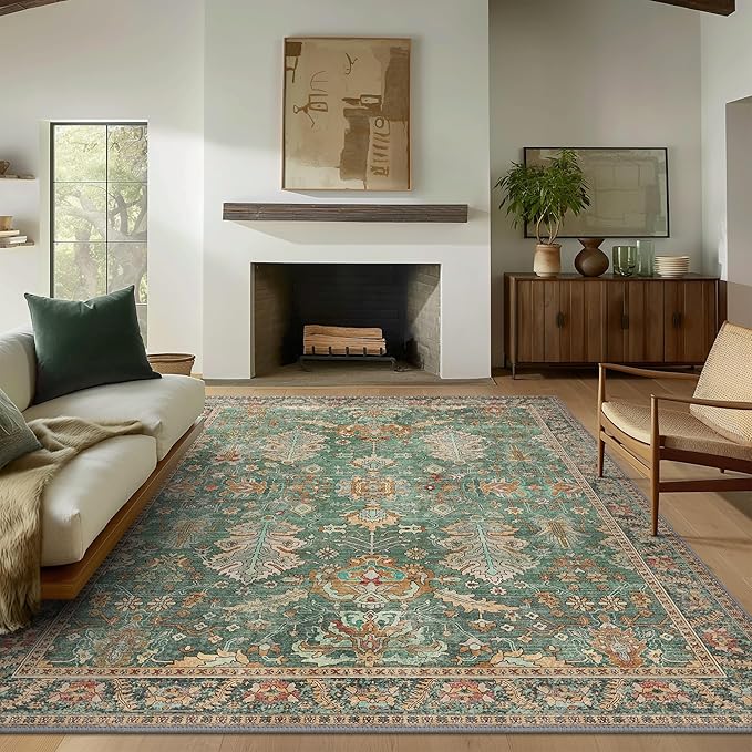 Bavni Washable Rug-9x12 Area Rugs for Bedroom Non-Slip, Ultra Thin Low Pile Living Room Rug, Modern Printed Decorative Rug for Dinning Room Office, Sage/Gold