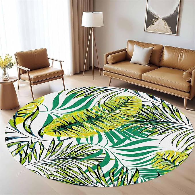 Tropical Round Rug 3.3ft, Watercolor Palm Leaves Pattern Low Pile Circle Carpet, Non-Slip Washable & Non-Shedding Indoor Mat for Bedroom, Entrance, Office Decor