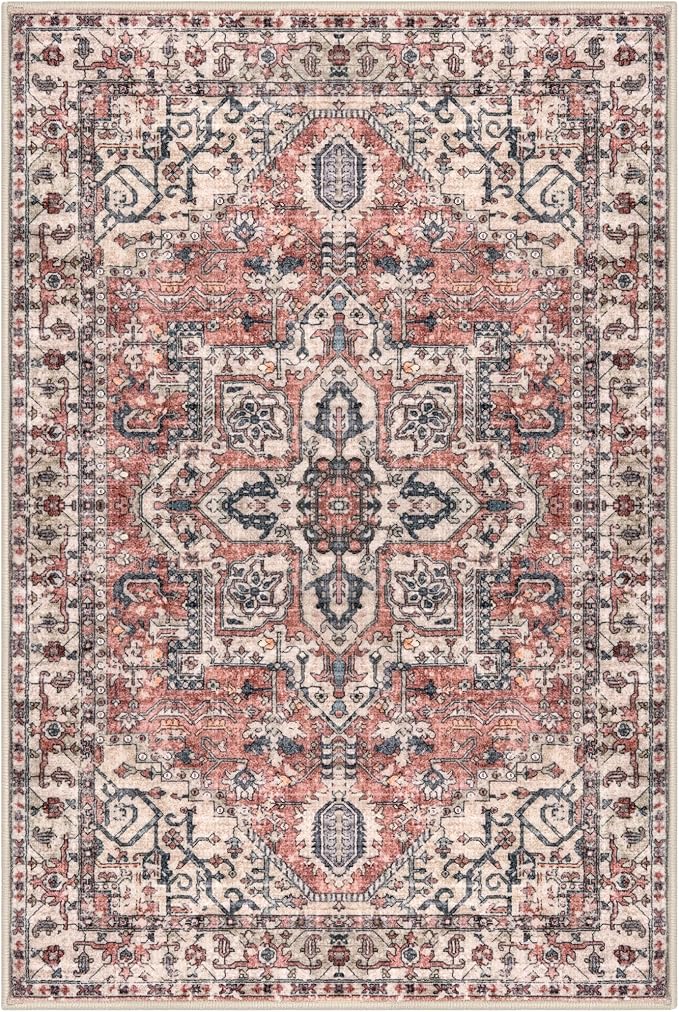KOZYFLY Small Area Rug 2x3 Ft Rugs for Entryway Washable Boho Entry Rug Non Slip Door Mat Indoor Entrance Faux Wool Vintage Printed Kitchen Rug Throw Rugs for Entrance Kitchen, Terracotta/Beige