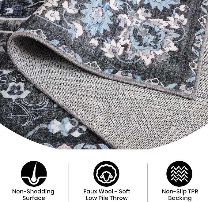 Area Rug for Living Room, 6x9 Machine Washable Non Slip Large Faux Wool Throw Rug, 0.3″ Low Pile & Non-Shedding Boho Large Carpet Rugs for for Dining Room, Bedroom, Office (Black)