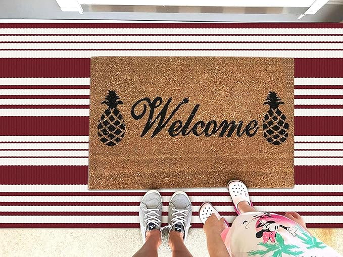 KOZYFLY Striped Outdoor Rug 3x5 Ft Red and White Christmas Front Door Rug Woven Area Rug Washable Doormats Indoor Entrance Mat for Kitchen Entryway Patio Front Porch Holiday Decor