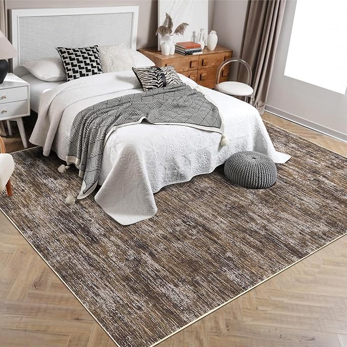 RUGSREAL Washable Rug 10x13 for Living Room Modern Abstract Area Rug Non-Slip Large Contemporary Bedroom Rug Stain Resistant Aesthetic Accent Floor Carpet Foldable Solid Rug for Home Office, Brown