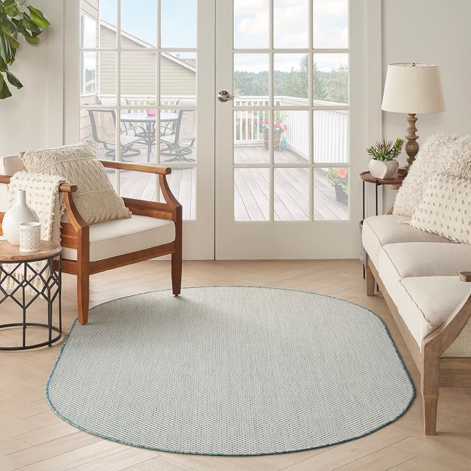 Nourison Home Courtyard Ivory Aqua 5' x 8' Oval Area Rug - Easy Clean, Non Shedding, Bed Room, Living Room, Dining Room, Kitchen (5' x 8' Oval)