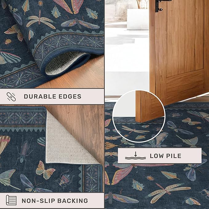 8x10 Large Farmhouse Rugs for Living Room - Unique Washable Area Rug for Bedroom, Dining Room Under Table, Boho & Insect Design, Vintage Moth Décor, Low Pile Soft Carpet (Dark Blue)