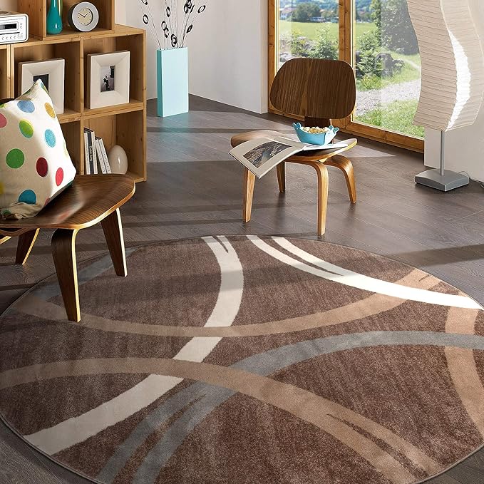 Rugshop Modern Wavy Circles Design Round Rug, Carpet with Jute Backing for Living Room, Dining Room, or Bedroom, Brown, 8' Round