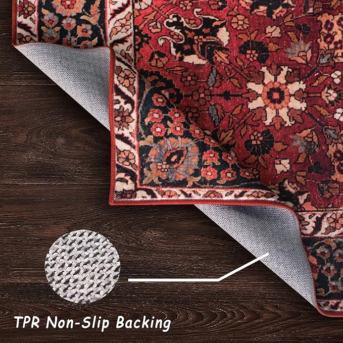 vivorug 8x10 Area Rugs for Living Room, Non-Slip Backing Washable Rug 8x10, Red Large Area Rug Soft Carpet for Bedroom Dining Room, Vintage, Easy Clean, Durable, Low Pile Rug Under Table