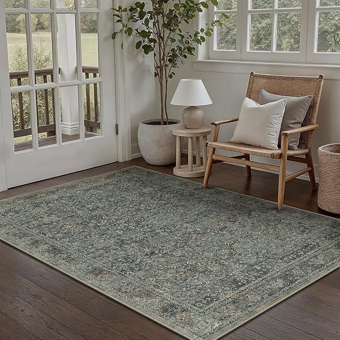 Area Rug 4x6 Gray Entryway Office Washable Vintage Carpet Non Slip Indoor Kitchen Door Mat Retro Traditional Accent Grey Throw Small Rug for Bathroom Bedroom Dining Living Room