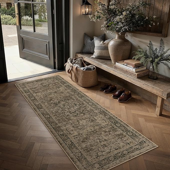 Hallway Runner Rug 2x5 Washable Brown Vintage Distressed Runner Oriental Soft Thin Indoor Carpet Non Slip Low Pile Throw Rug for Kitchen Bedroom Laundry Bedside Entryway