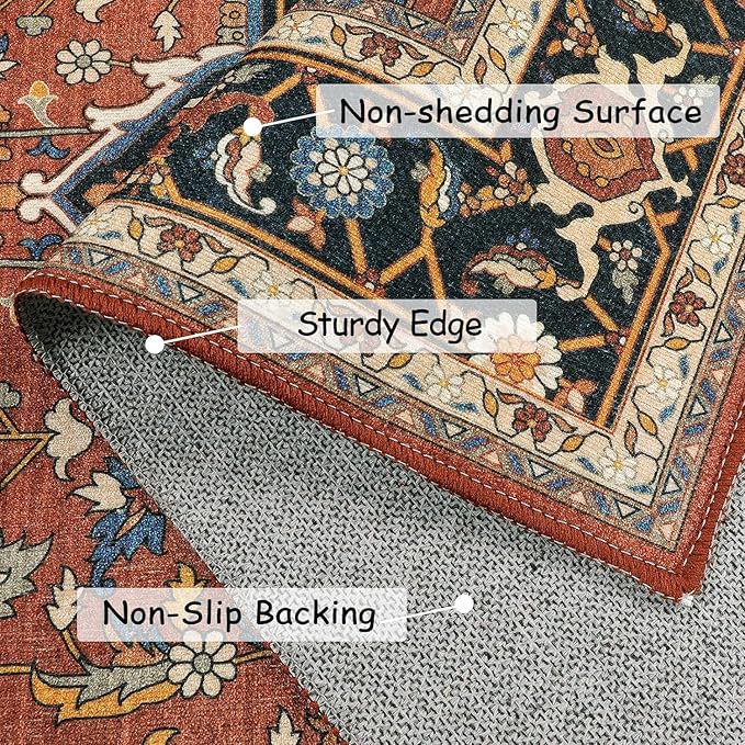 Moynesa Ultra-Thin Washable 8x10 Area Rugs for Living Room, Boho Oriental Rugs for Bedroom Non-Slip Non-Shedding, Large Vintage Carpet for Dining Room Home Office Decor, Brown/Multi