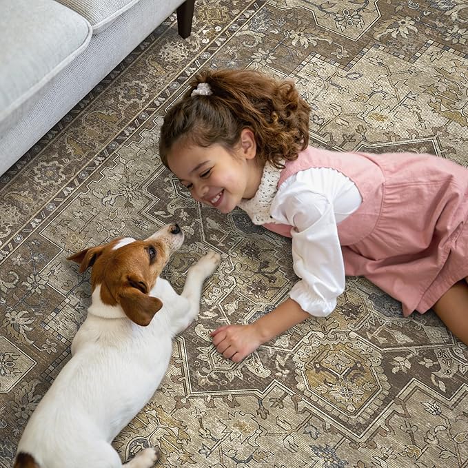 GENIMO 2'6''x8 Runner Rugs for Hallway, Machine Washable Non Slip Vintage Rugs, Low Pile Lightweight Soft Print Rug for enrtyway, Corridor, Home Office, Kitchen, Rustic Brown