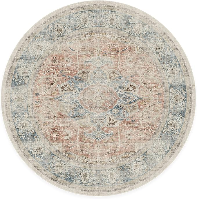 RUGGABLE Washable Vintage Area Rug – Sarrah Coral 6 ft Round, Stain-Resistant, Non-Slip – Medium Machine Washable Rugs for Living Room, Bedroom, Hallway, Entryway & Office–with Standard Pad