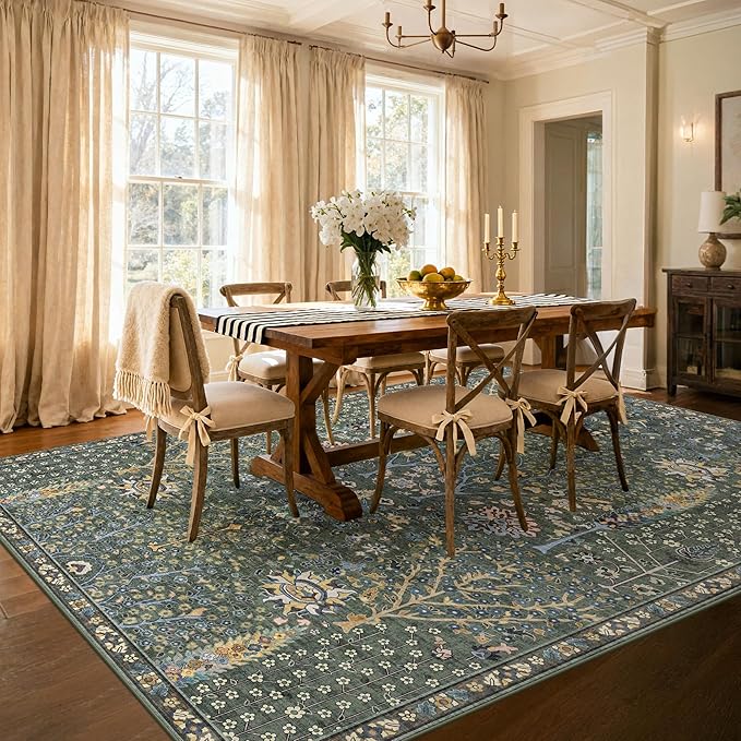 Kokia Boho Vintage Floral Area Rugs, Washable Oriental Botanical Rugs for Living Room, Bedroom, Dining Room, Office, Soft Indoor Area Rug, Sage Green，6x9