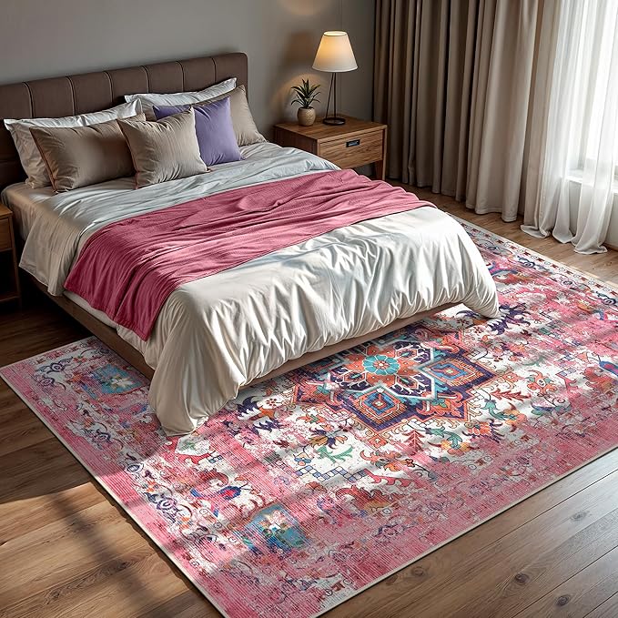 GLN Rugs Traditional Collection - Machine Washable Area Rug, Traditional Washable, Non Slip, Low Pile Chenille Rug, Living Room, Bedroom, Kitchen Rug (9' x 12' Pink/Multicolor)