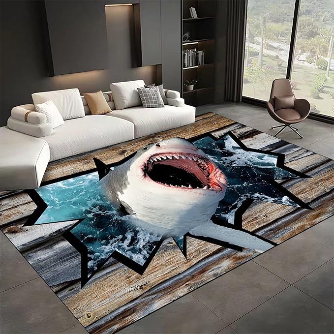 Sea Shark Kids Rugs, 8x10ft, Fierce Shark 3D Printed Carpet for Indoor, Marine Animals Broken Wooden Boards Realistic Effect Floor Mat, Dirty Resistant Machine Washable Carpets for Dorm