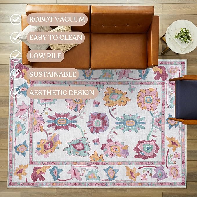Fame Living Pink Oushak Rug, Modern, Vintage, Turkish, Eclectic, Floral, Pastel, Washable, Extra Large Area Rugs for Living Room, Dining, Bedroom, Lounge, 9'x12'