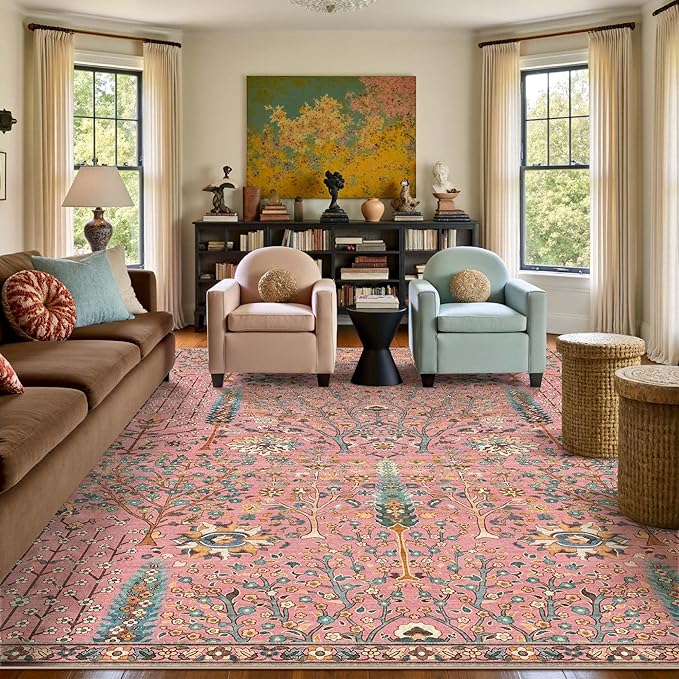 Kokia Boho Vintage Floral Area Rugs, Washable Oriental Botanical Rugs for Living Room, Bedroom, Dining Room, Office, Large Soft Indoor Area Rug, Rosette Pink，9x12