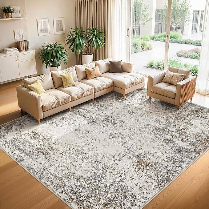 8x10 Area Rugs Machine Washable - Modern Abstract Large Rugs for Living Room Soft Anti-Skid Thin Carpet for Bedroom, Under Dining Table, Nursery, Farmhouse,Home Office (8'x10' Brown Grey)