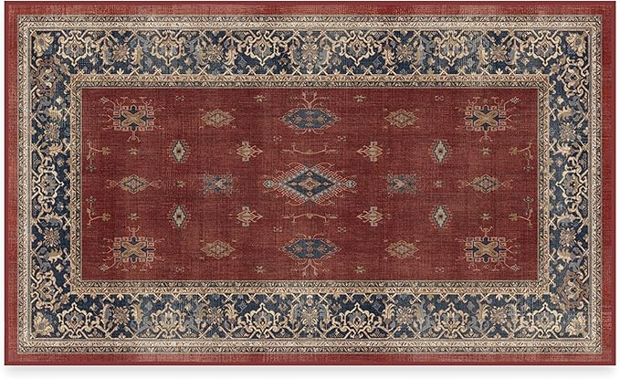 RUGGABLE Washable Vintage Area Rug – Verena Amber Red 3x5, Stain-Resistant, Non-Slip – Small Machine Washable Rugs for Living Room, Bedroom, Hallway, Entryway & Office–with Standard Pad