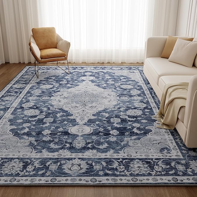 DUKINO 9x12 Area Rugs, Non Slip Distressed Living Room Rugs, Soft Large Washable Area Rugs with Low Pile & No Shedding, Faux Wool Rugs for Bedroom Aesthetic, Dining Room, Blue