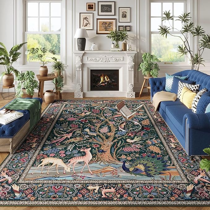 Rugcomf Area Rugs 5x7 Vibrant Tree of Life-Patterned Vintage Washable Area Rug Non Slip Low Pile Large Rugs for Living Room Bedroom Farmhouse Dining Room Kids Playroom, Green