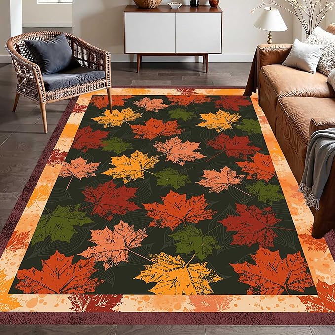 Fall Themed Area Carpet, 6x8ft, Autumn Fallen Leaves Print Pattern Retro Rustic Style Dark Stain Resistant Throw Rug, Low-Profile Non Slip Breathable Floor Mat for Dining Room Laundry