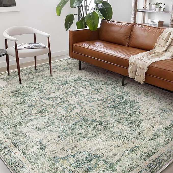 Washable Area Rug 8'x10' Retro Boho Design Non-Shedding Non-Slip Easy Care Ideal for High Traffic Areas in Living Room Bedroom Office Coffee Table Kitchen Large Carpet
