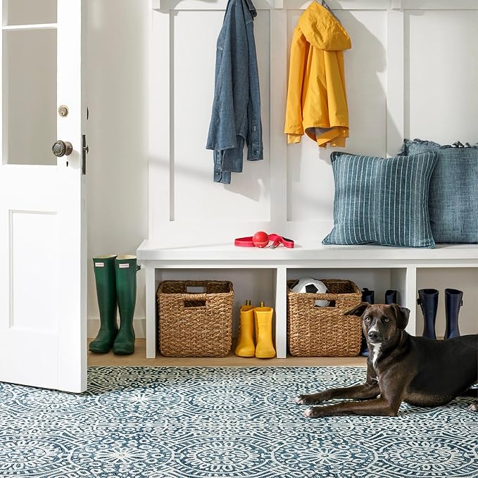 Dash and Albert Temple Ink Machine Washable Area Rug - 2' x 3' Blue - Geometric Accent Rug - Anti-Slip Backing, Lightweight, Machine Washable, High Traffic Areas Kitchen, Mudroom, Laundry Room