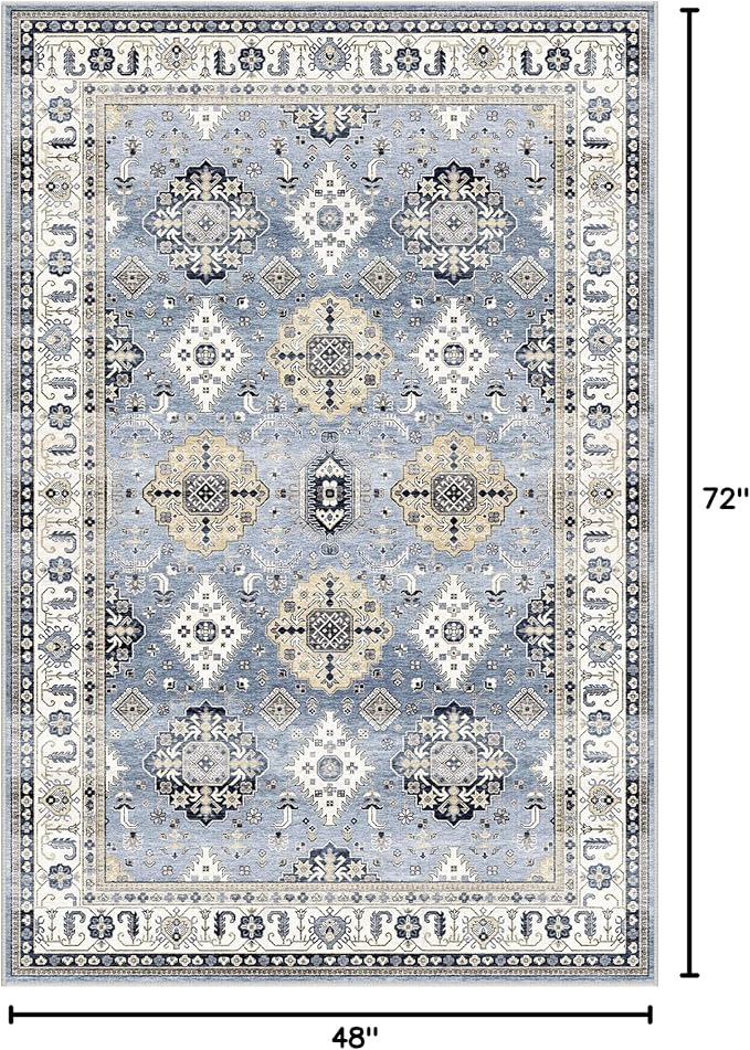 Dripex Vintage Washable Area Rug - 4x6 Distressed Rugs for Living Room Bedroom Oriental Medallion Floral Print Carpet Low-Pile Indoor Soft Non-Slip Accent Rug Farmhouse Office Home Decor