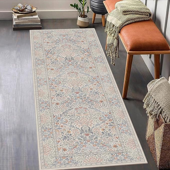 2x6 Floral Washable Area Rugs for Living Room, Vintage Boho Large Rug for Bedroom Dining Room， Distressed Botanical Birds Non Slip Low Pile Forest Animal Throw Carpet for Farmhouse Office, Beige Blue