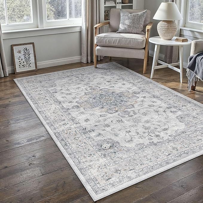 HUGEAR Machine Washable Area Rugs 3x5 Vintage Blue Living Room Rug Neutral Style Non Slip Stain Resistant Low Pile Throw Carpet for Office Home Retro Aesthetic Modern Decor