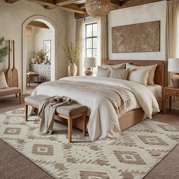 Ivory Brown 8x10 Area Rug Washable Living Room Moroccan Shag Carpet Non Slip Soft Neutral Boho Plush Pile Large Throw Rug for Office Bedroom Dining Room Playroom