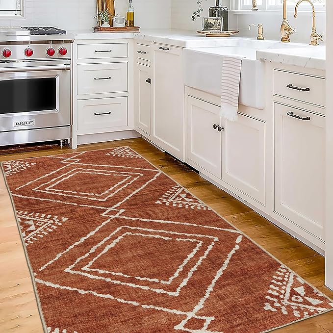 ReaLife Rugs Machine Washable Area Rug - Living Room Bedroom Bathroom Kitchen Entryway Office - Padded Low Pile Stain Resistant Premium - Moroccan Diamond Tribal - Jax - Orange 7'6" x 9'6"