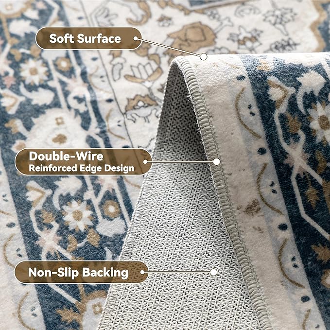 EnHomee 3x5 Washable Area Rugs for Bedroom, Boho Vintage Rugs, Foldable Area Rug for Dining Room, Non-Slip Soft Living Room Rug, Low Pile Large Carpet for Bathroom, Blue and Brown