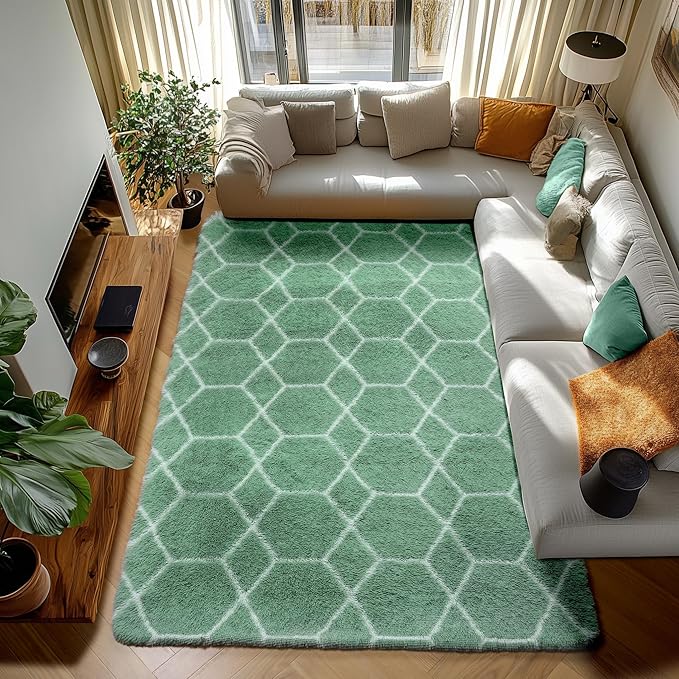 ONASAR Rugs for Living Room Bedroom, 5x8 Washable Fluffy Sage Green and White Area Rug, Geometric Boho Soft Plush Shaggy Floor Carpets for Nursery Kids Girls Boys Teen Dorm Home Decor Aesthetic