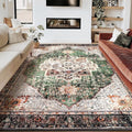8x10 Area Rug - Green Boho Washable Vintage Low Pile Non-Slip Large Rug for Living Room, Bedroom & Dining Room