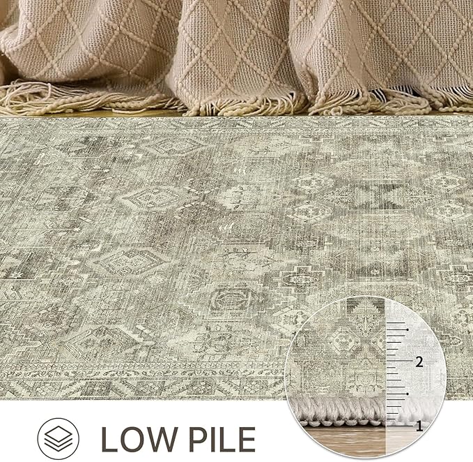Bavni Area Rug 6x9 Machine Washable Vintage Distressed Print Ultra-Thin Chenille Bedroom Living Room Accent Rug, Low Pile Lightweight Non Slip with Gripper, Forgotten Sandstone