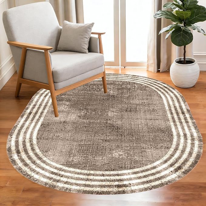 Country Earth Tone Brown Minimalist Distressed Home Office Rugs 12x15 for Living Room Bedroom Diningrooom Machine Washable Soft Thick Area Rug Nursery Dorm Kitchen Oval Geometric Bordered Large Carpet